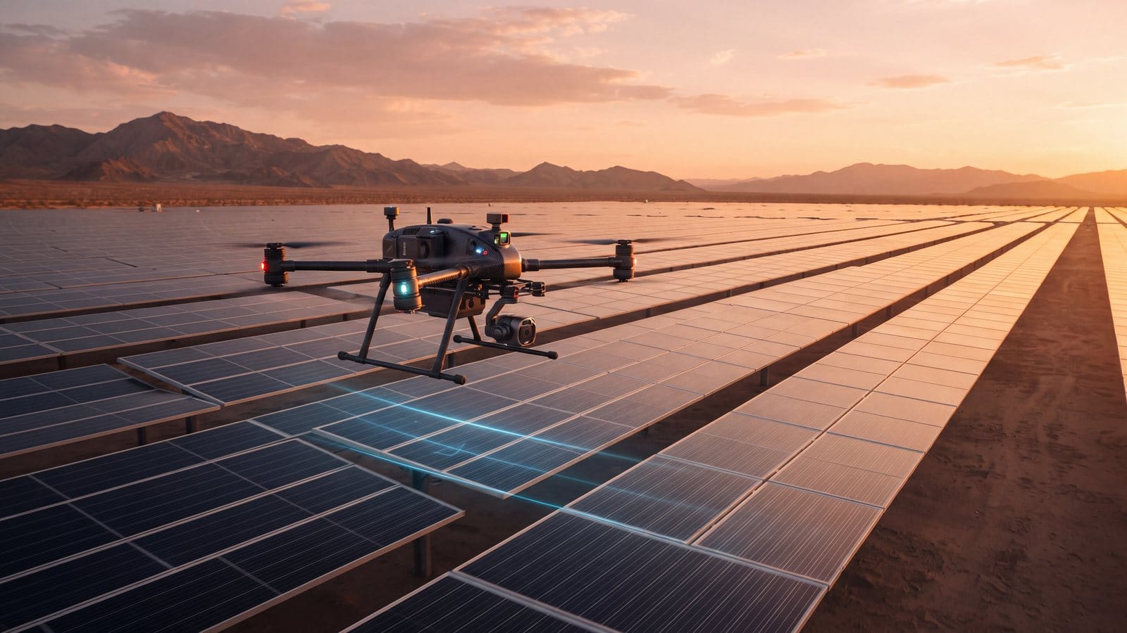 Drone d'inspection équipé d'une caméra survolant une centrale solaire
