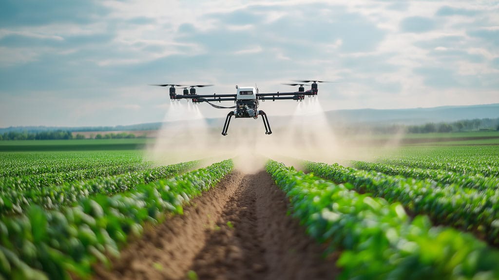 Drone agricole en vol au-dessus de rangs de culture