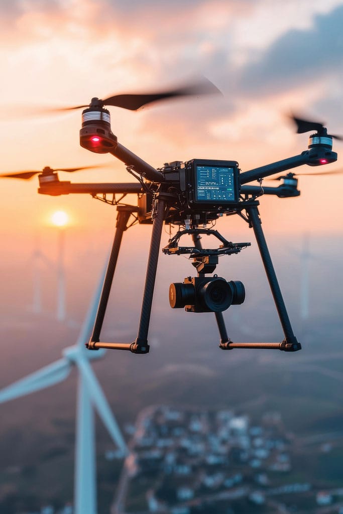 Drone d'inspection devant une éolienne
