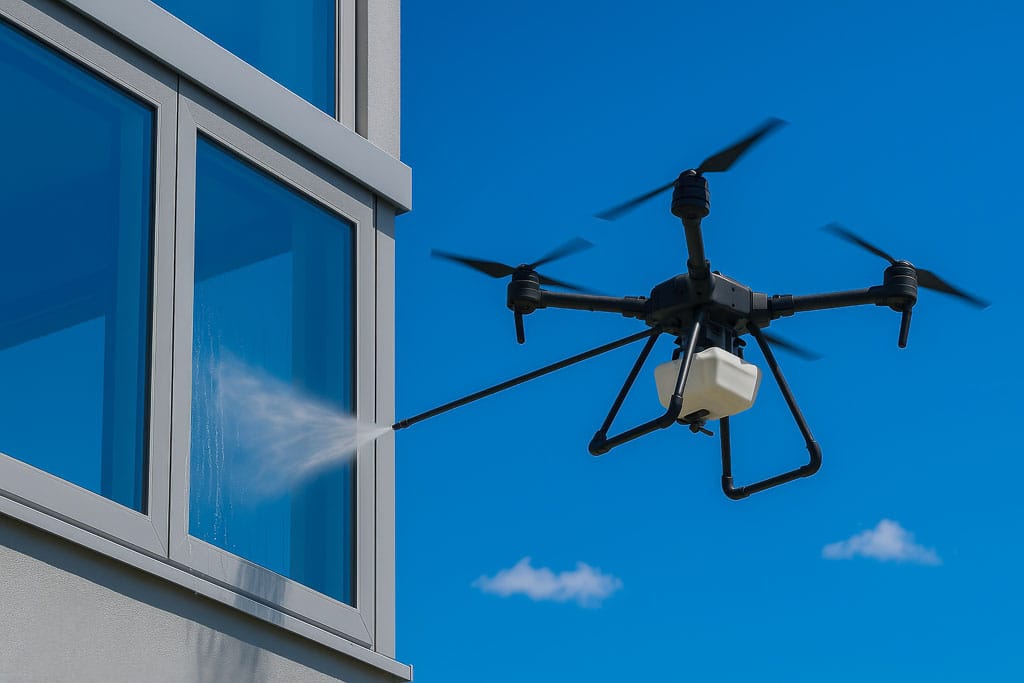 Drone pulvérisant de l'eau sur la façade vitrée d'un immeuble