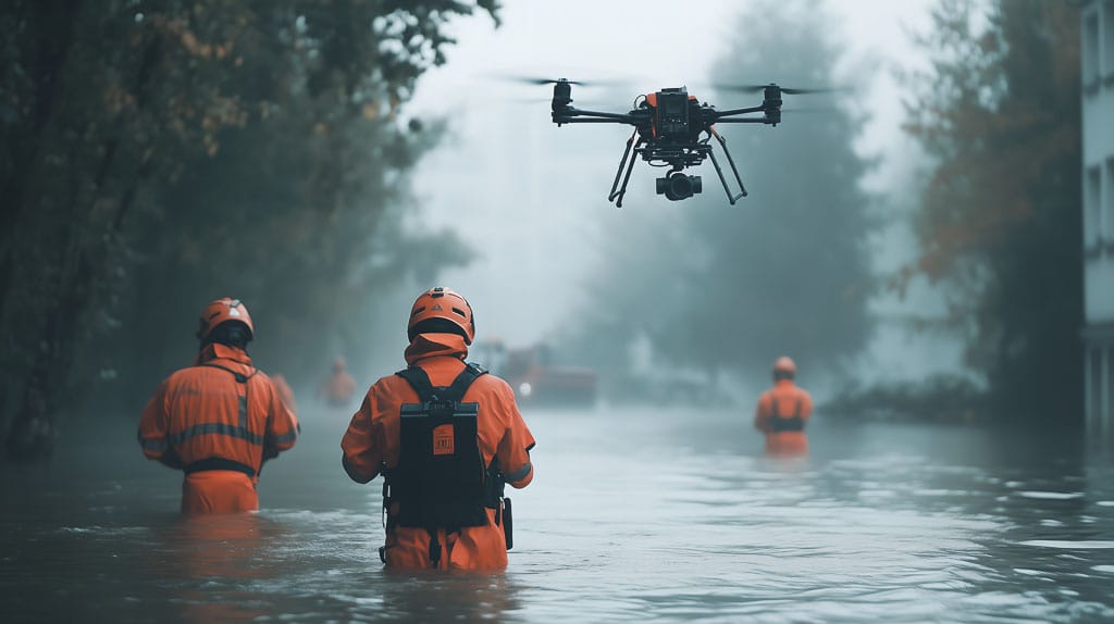 Secouristes progressant dans une zone inondée, appuyés par un drone