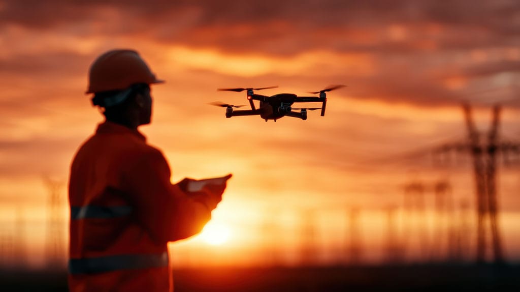 Opérateur pilotant un drone au coucher du soleil près de lignes électriques