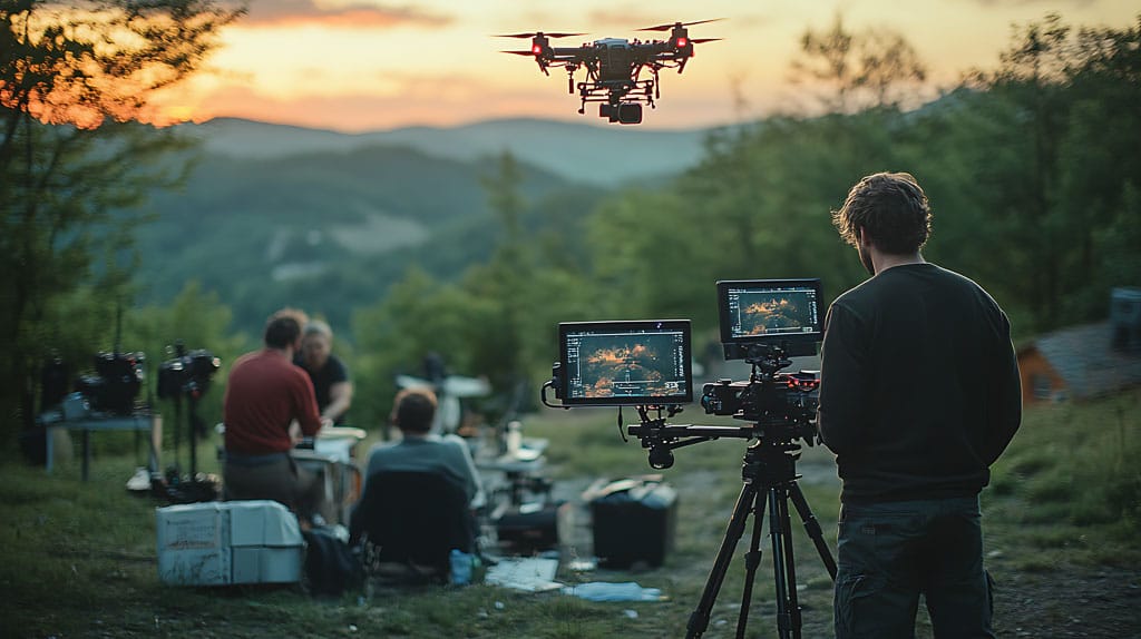 Équipe de tournage opérant un drone porteur de caméra