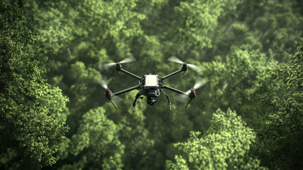 Drone professionnel en vol au-dessus d'une forêt