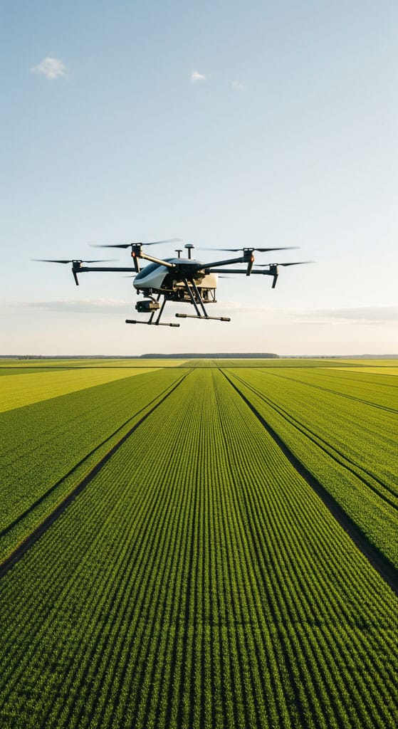Drone en vol au-dessus d'une grande parcelle cultivée