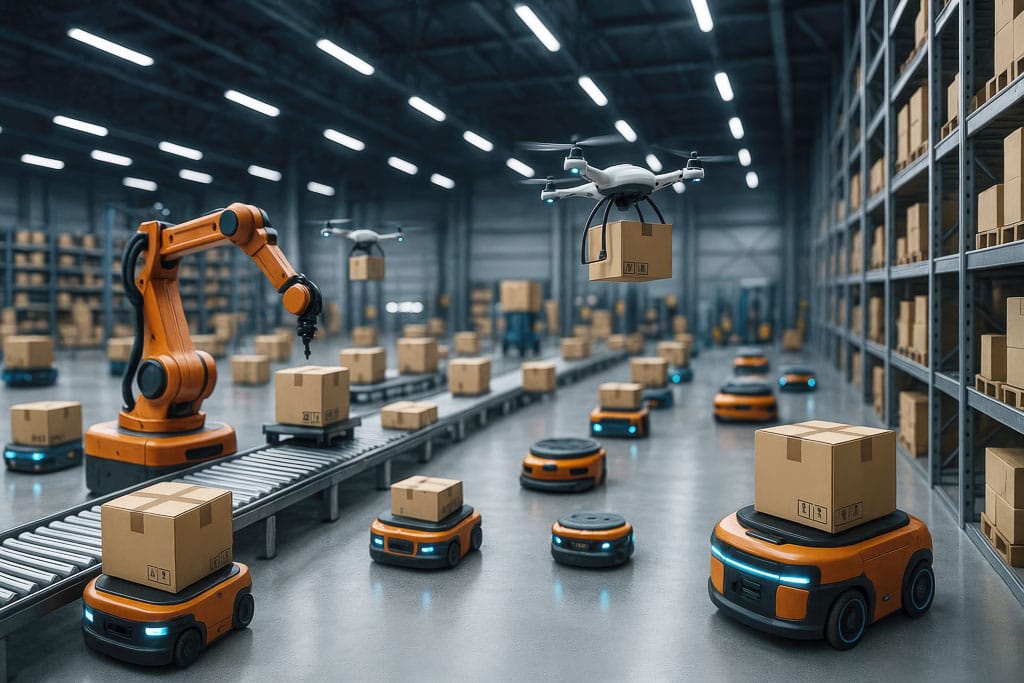 Drones et robots dans un entrepôt logistique