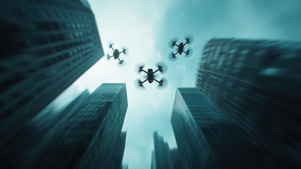 Drones en vol entre des immeubles