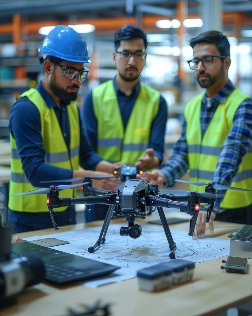 Équipe technique préparant un drone professionnel en atelier