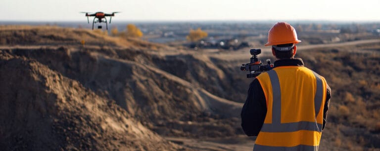 Géomètre pilotant un drone au-dessus d'une zone de terrassement