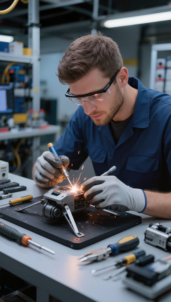 Technicien réalisant la maintenance d'un drone en atelier