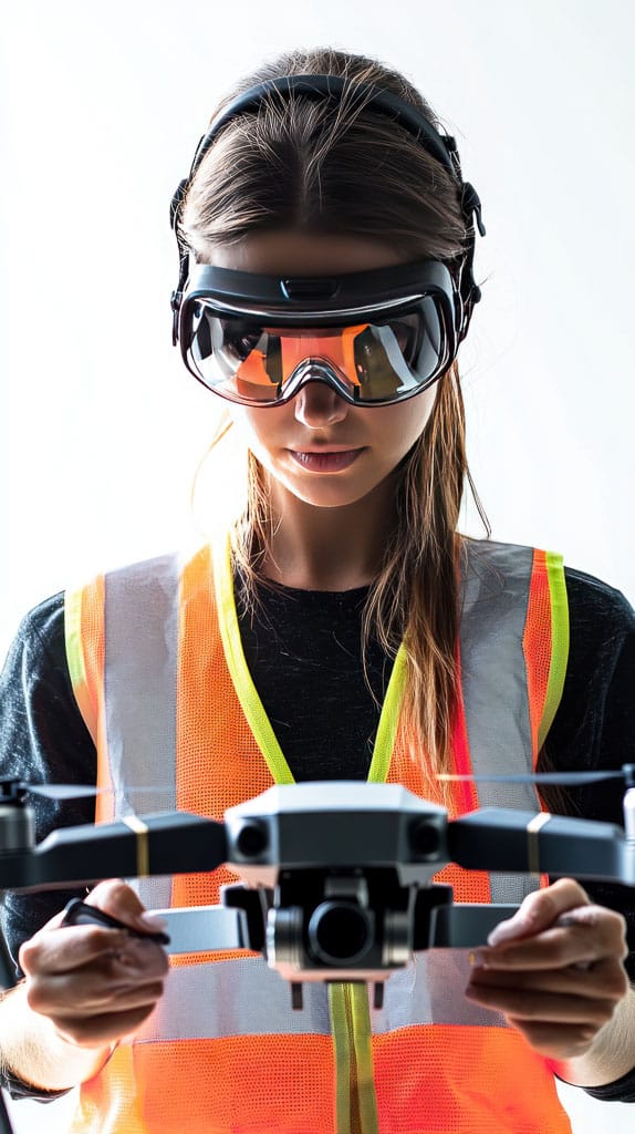 Télépilote en équipement de sécurité tenant un drone professionnel