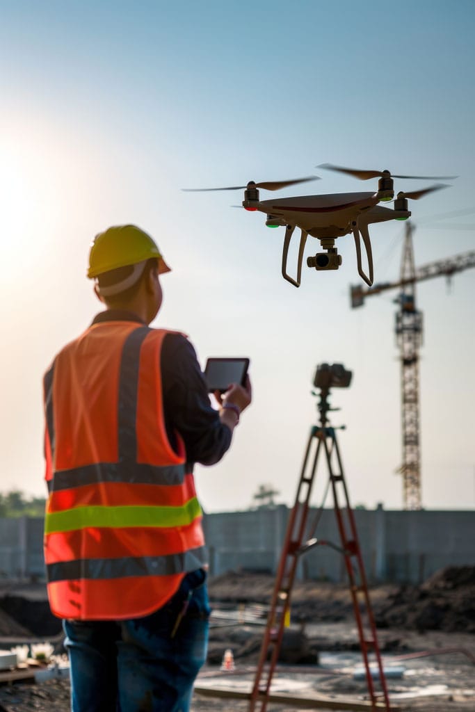 Télépilote pilotant un drone sur un chantier avec une tablette