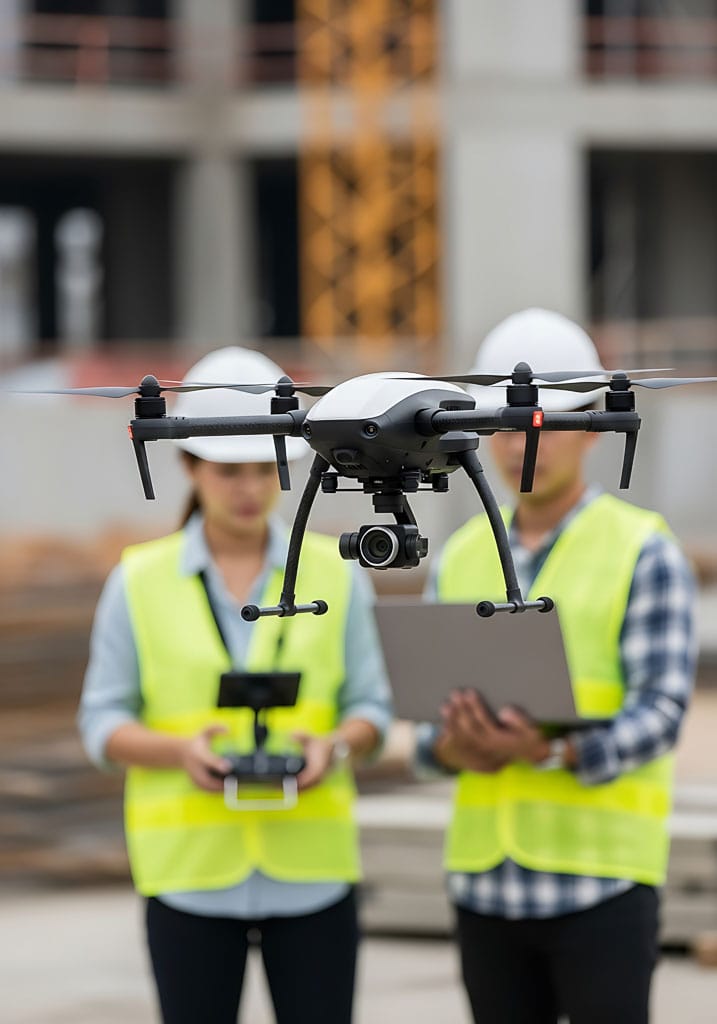 Télépilotes préparant un vol de drone sur un chantier